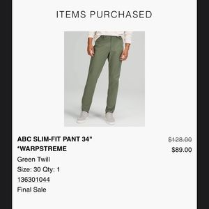 Lululemon ABC slim-fit - size 30 - green twill